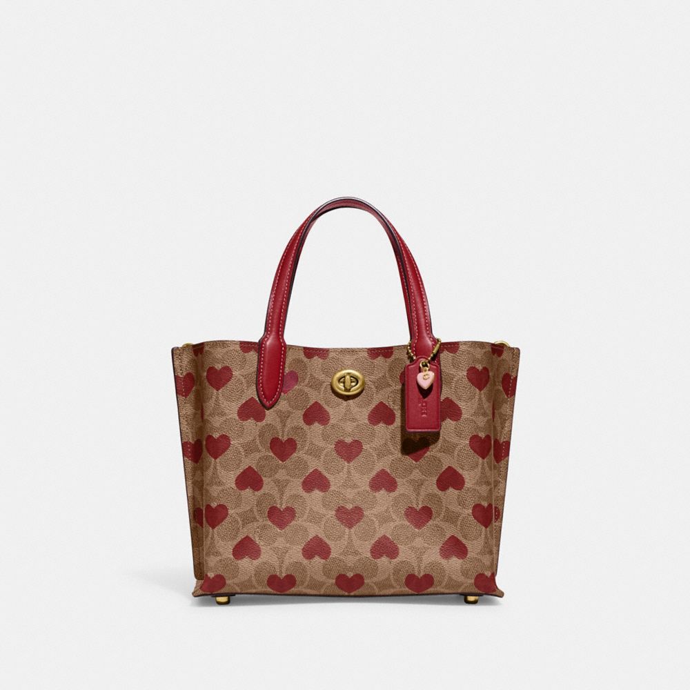 COACH CF129 Willow Tote 24 In Signature Canvas With Heart Print Brass/Tan Red Apple