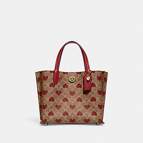 COACH CF129 Willow Tote 24 In Signature Canvas With Heart Print Brass/Tan-Red-Apple