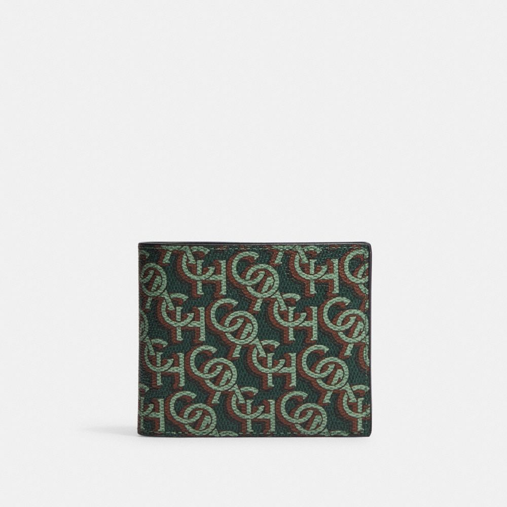 COACH CF134 3 In 1 Wallet With Signature Monogram Print Gunmetal/Amazon Green