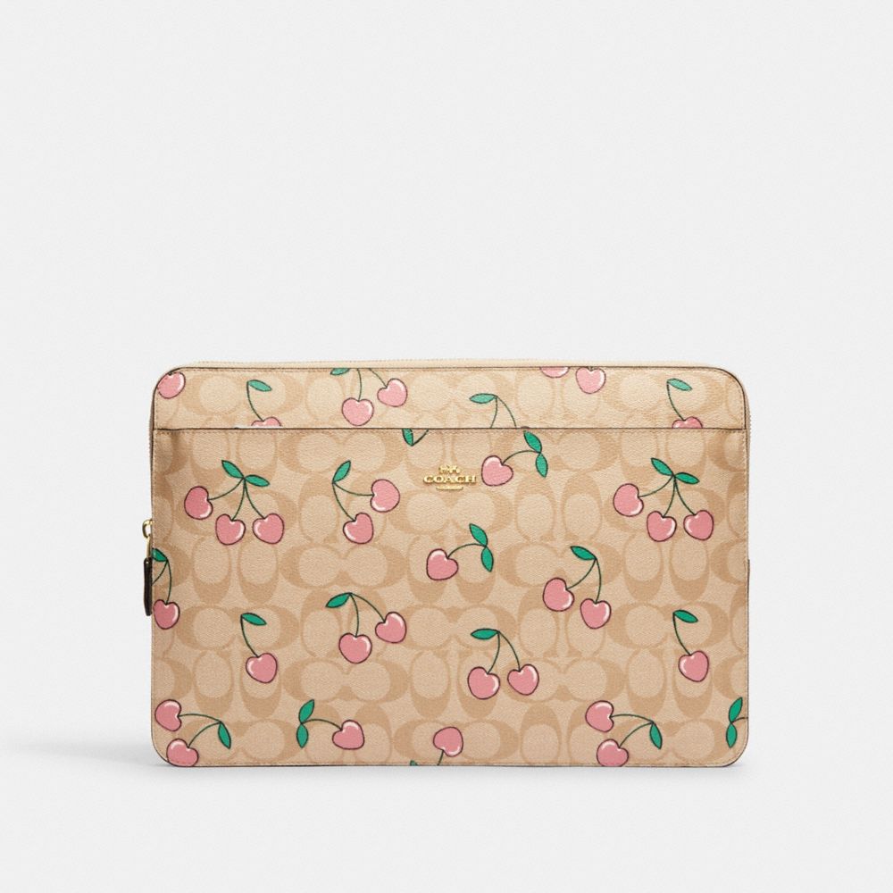 COACH CF158 Laptop Sleeve In Signature Canvas With Heart Cherry Print GOLD/LIGHT KHAKI MULTI
