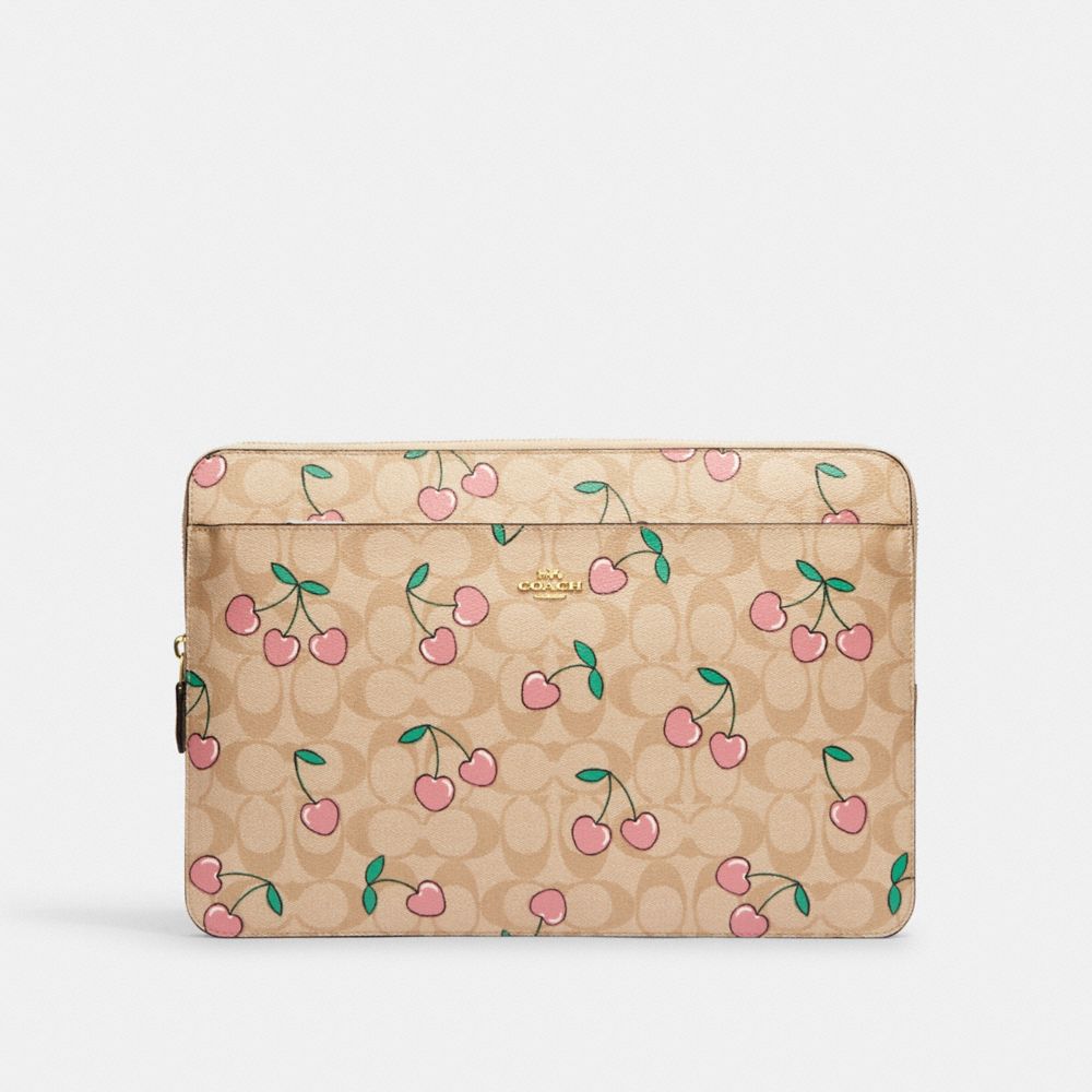 Laptop Sleeve In Signature Canvas With Heart Cherry Print - CF158 - Gold/Light Khaki Multi