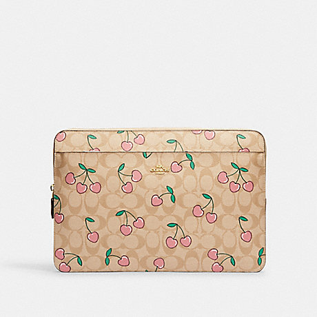 COACH CF158 Laptop Sleeve In Signature Canvas With Heart Cherry Print Gold/Light Khaki Multi