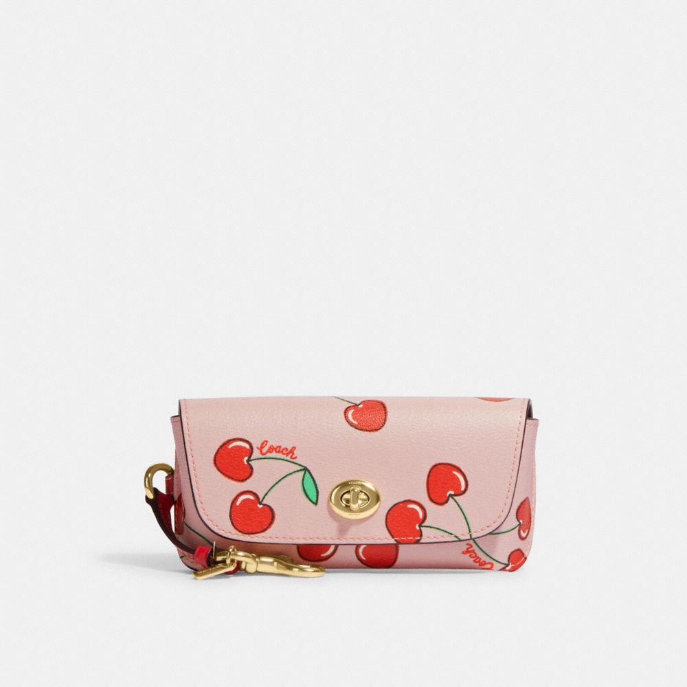 Sunglass Case With Heart Cherry Print - CF159 - Gold/Powder Pink Multi