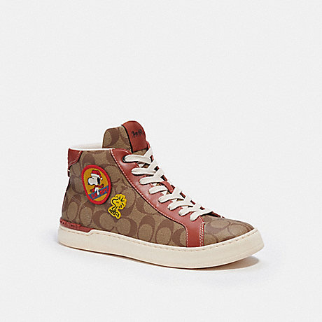 COACH CF163 Coach X Peanuts Clip High Top Sneaker In Signature Canvas With Patches KHAKI