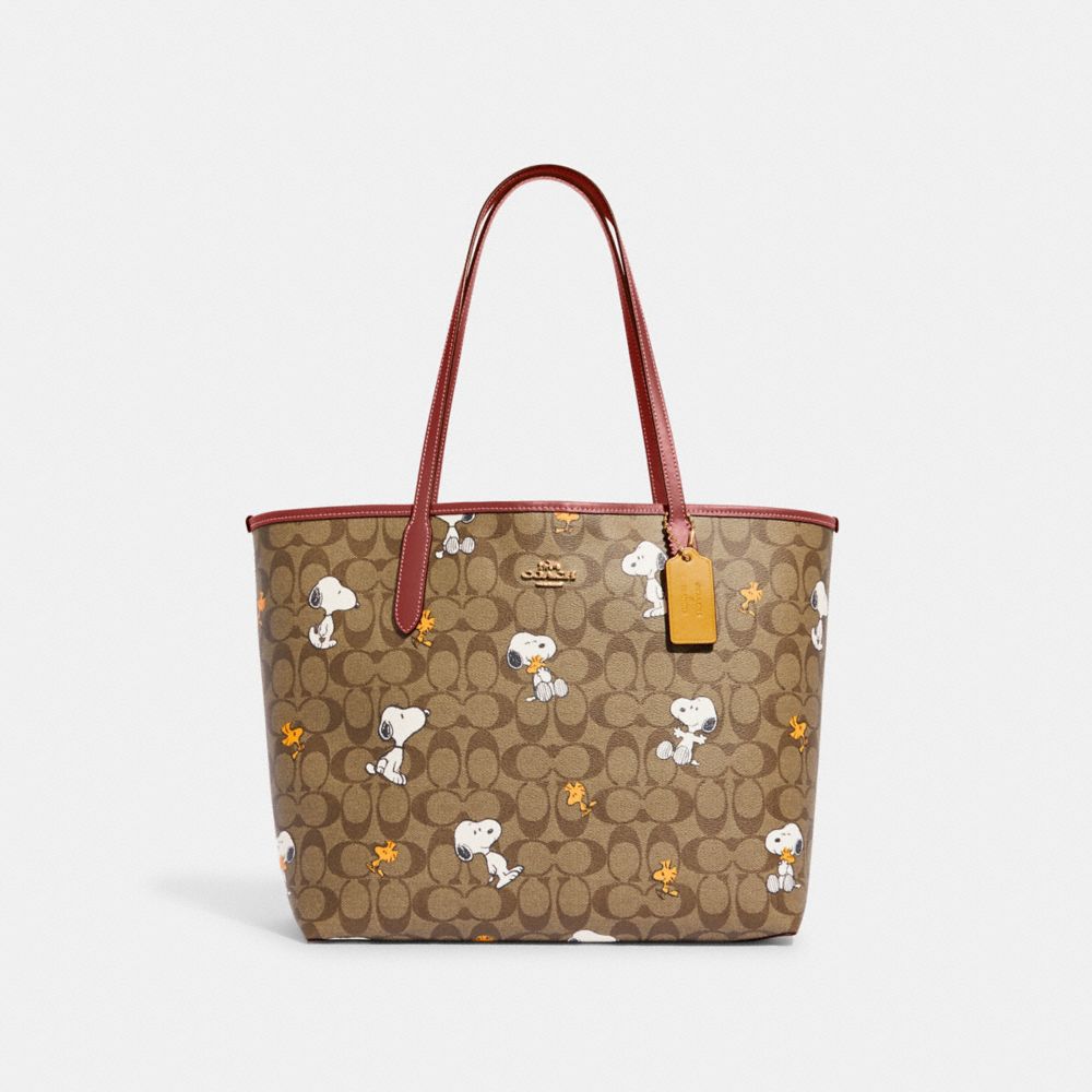 COACH CF166 Coach X Peanuts City Tote In Signature Canvas With Snoopy Woodstock Print Gold/Khaki/Redwood Multi