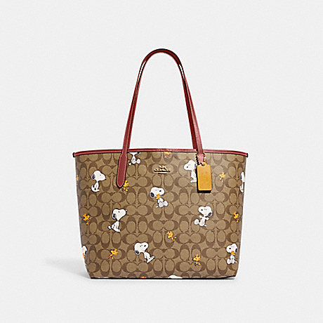 COACH CF166 Coach X Peanuts City Tote In Signature Canvas With Snoopy Woodstock Print Gold/Khaki/Redwood-Multi