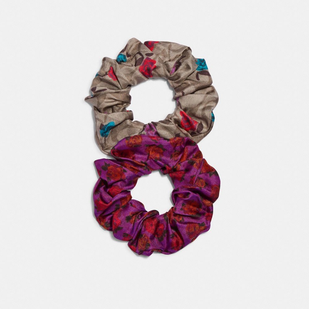 COACH CF211 Signature Tossed Peony Print Scrunchies KHAKI/DARK MAGENTA