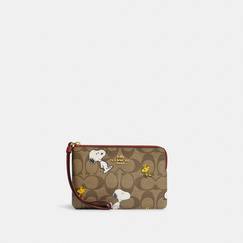 COACH CF214 Coach X Peanuts Corner Zip Wristlet In Signature Canvas With Snoopy Woodstock Print Gold/Khaki/Redwood Multi