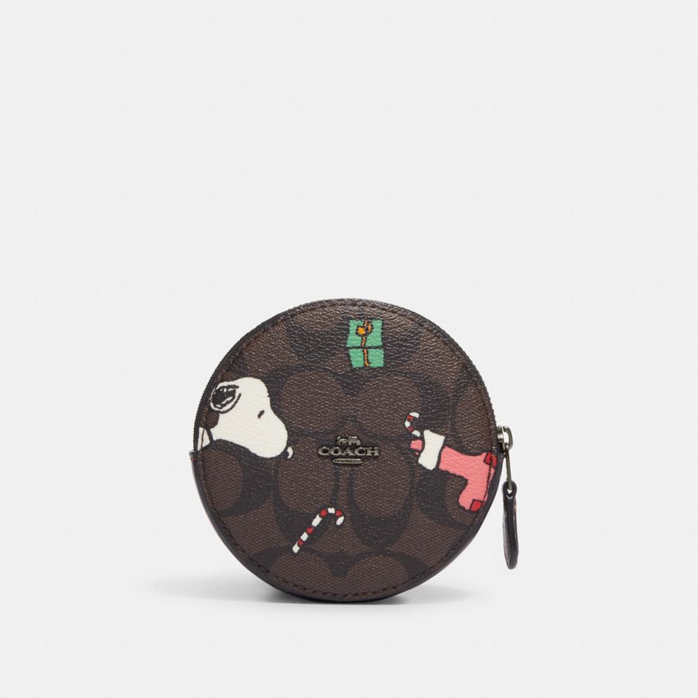 Coach X Peanuts Round Coin Case In Signature Canvas With Snoopy Presents Print - CF245 - Gunmetal/Brown Black Multi