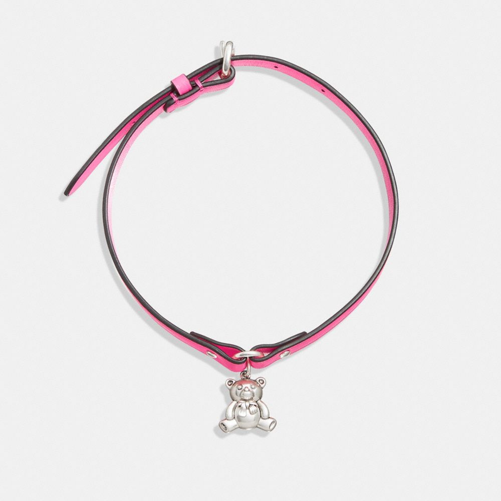 CF257 - Teddy Bear Leather Choker Necklace Silver/Pink
