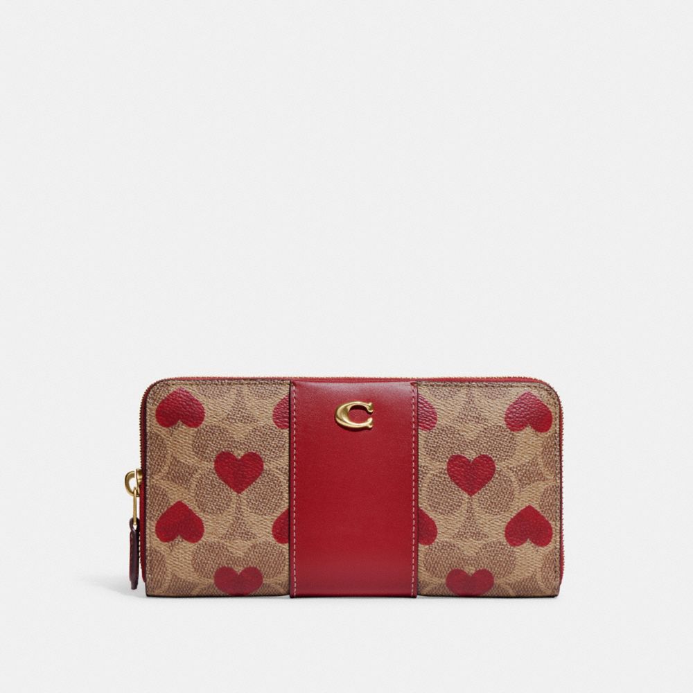 CF264 - Accordion Zip Wallet In Colorblock Signature Canvas With Heart Print Brass/Tan Red Apple
