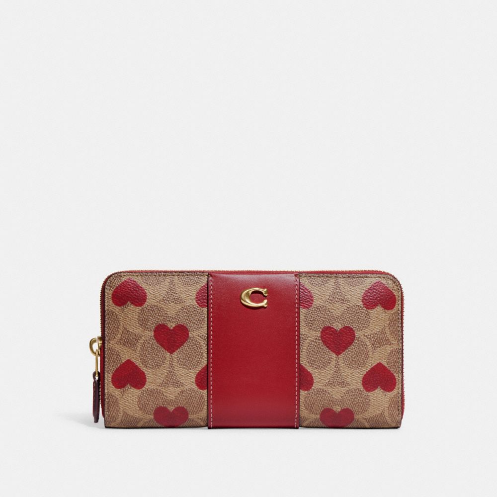 COACH CF264 Accordion Zip Wallet In Colorblock Signature Canvas With Heart Print BRASS/TAN RED APPLE