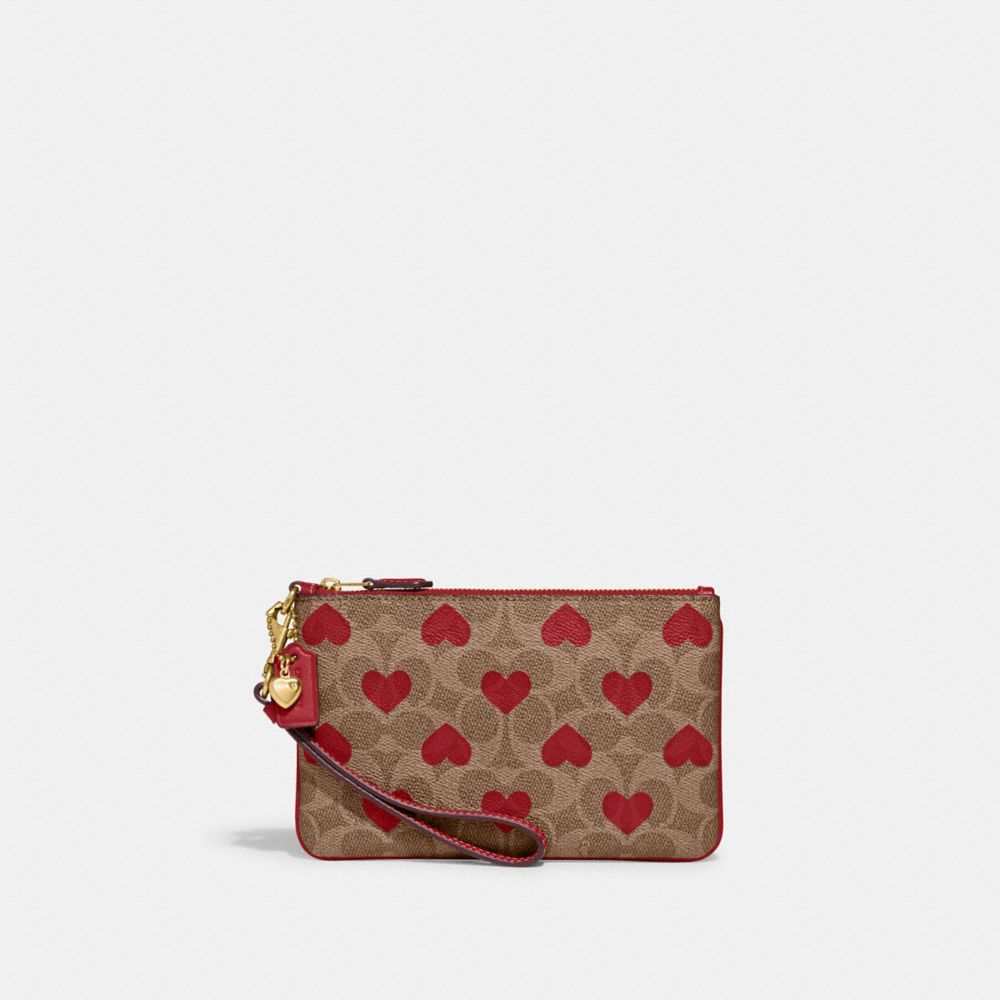 COACH CF265 Small Wristlet In Signature Canvas With Heart Print BRASS/TAN RED APPLE