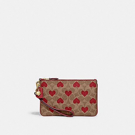 COACH CF265 Small Wristlet In Signature Canvas With Heart Print Brass/Tan Red Apple
