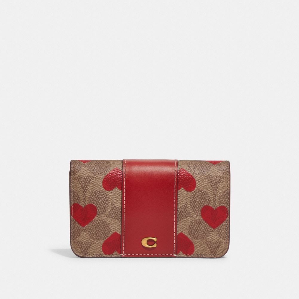 COACH CF281 Slim Card Case In Signature Canvas With Heart Print Brass/Tan Red Apple