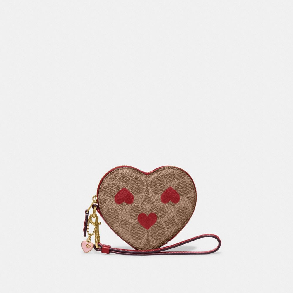 CF283 - Heart Wristlet In Signature Canvas With Heart Print Brass/Tan Red Apple