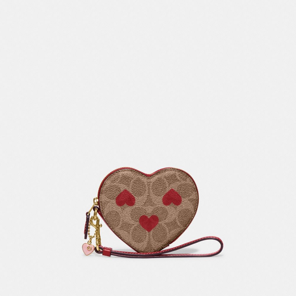 COACH CF283 Heart Wristlet In Signature Canvas With Heart Print Brass/Tan Red Apple