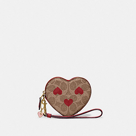 COACH CF283 Heart Wristlet In Signature Canvas With Heart Print Brass/Tan Red Apple