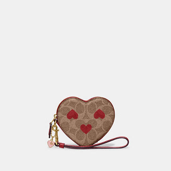 CF283 - Heart Wristlet In Signature Canvas With Heart Print Brass/Tan Red Apple