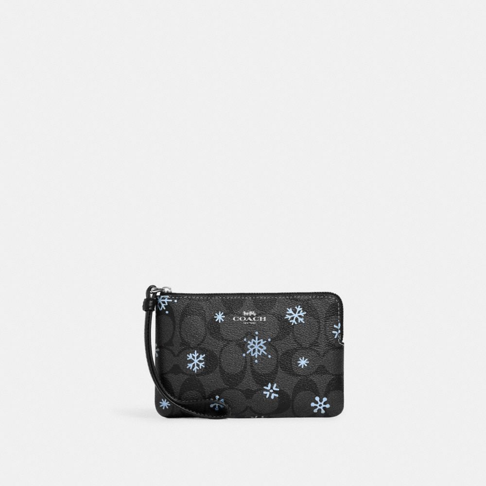 COACH CF286 Corner Zip Wristlet In Signature Canvas With Snowflake Print SILVER/GRAPHITE/CORNFLOWER MULTI