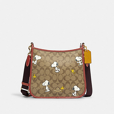 COACH CF294 Coach X Peanuts Dempsey File Bag In Signature Canvas With Snoopy Woodstock Print Gold/Khaki/Redwood-Multi