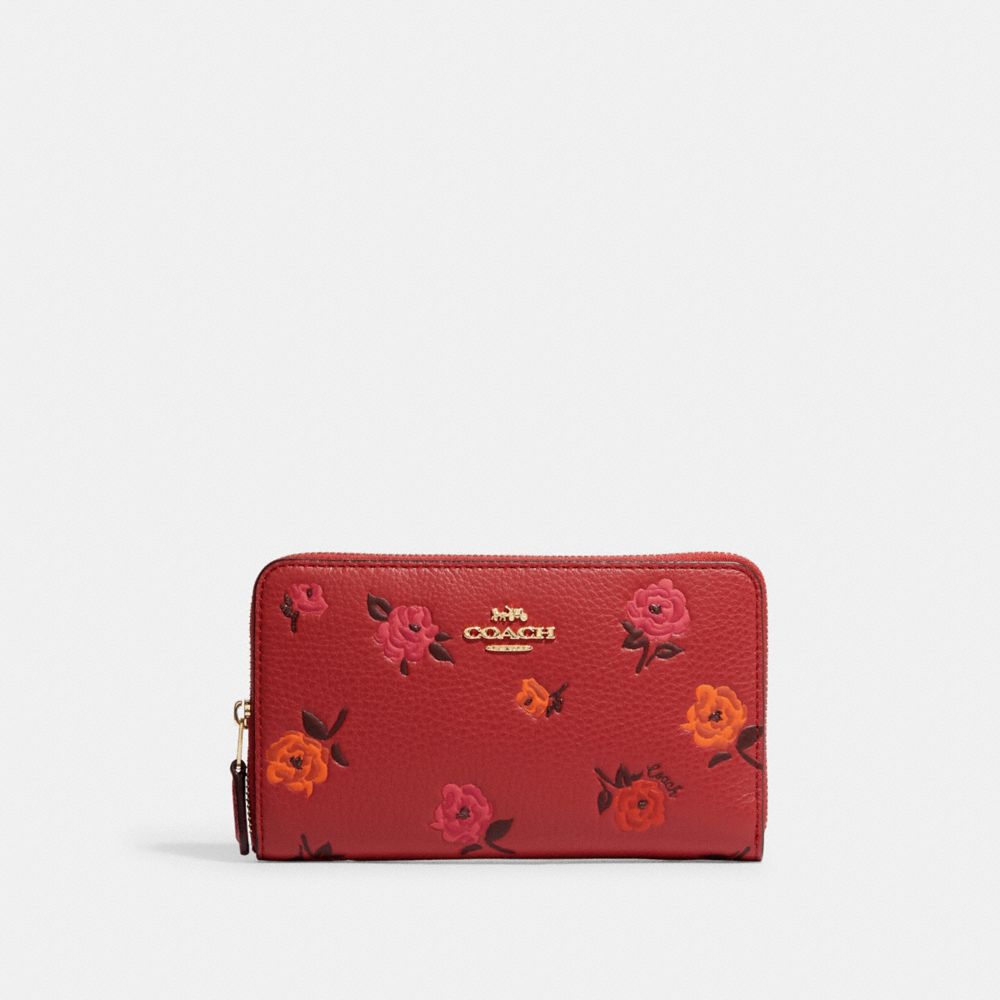 COACH CF309 Medium Id Zip Wallet With Peony Print Gold/Red Apple Multi