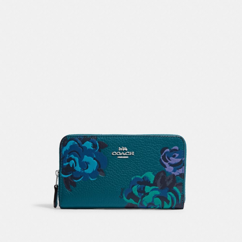 COACH CF310 Medium Id Zip Wallet With Jumbo Floral Print Silver/Deep Turquoise Multi