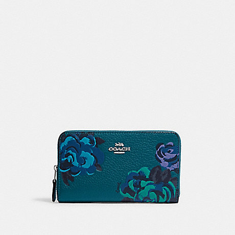 COACH CF310 Medium Id Zip Wallet With Jumbo Floral Print Silver/Deep-Turquoise-Multi