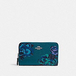Medium Id Zip Wallet With Jumbo Floral Print - CF310 - Silver/Deep Turquoise Multi