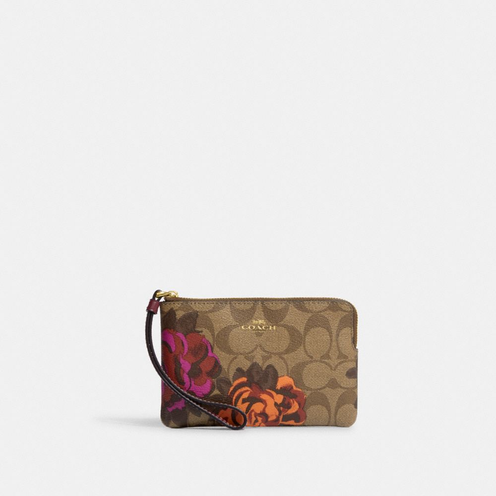 Corner Zip Wristlet In Signature Canvas With Jumbo Floral Print - CF311 - Gold/Khaki Multi