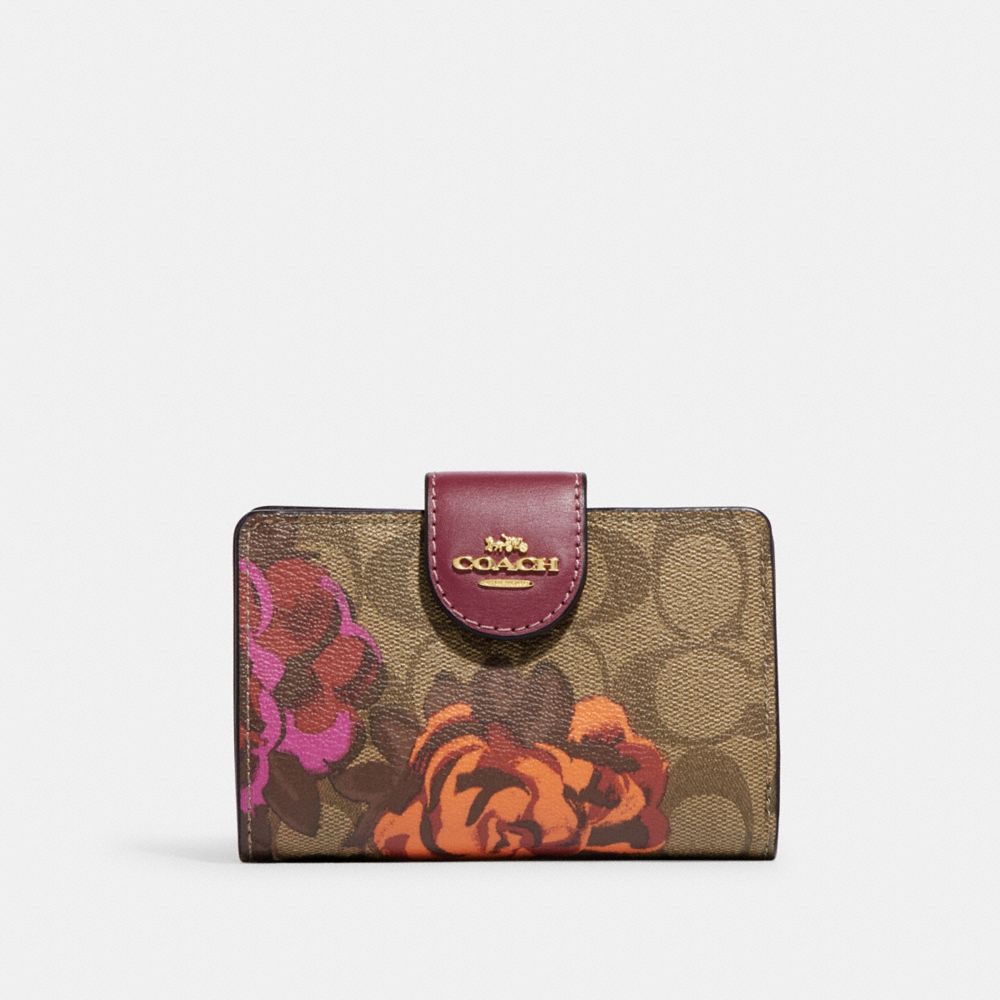 COACH CF312 Medium Corner Zip Wallet In Signature Canvas With Jumbo Floral Print Gold/Khaki Multi