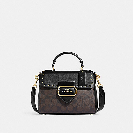 COACH CF322 Top Handle Satchel In Colorblock Signature Canvas With Rivets Gold/Brown Black Multi
