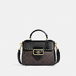 Top Handle Satchel In Colorblock Signature Canvas With Rivets - CF322 - Gold/Brown Black Multi