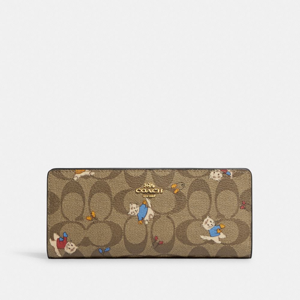 COACH CF331 Slim Wallet In Signature Canvas With Cat Mittens Print GOLD/KHAKI MULTI