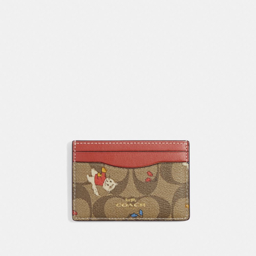 COACH CF336 Card Case In Signature Canvas With Cat Mittens Print GOLD/KHAKI MULTI