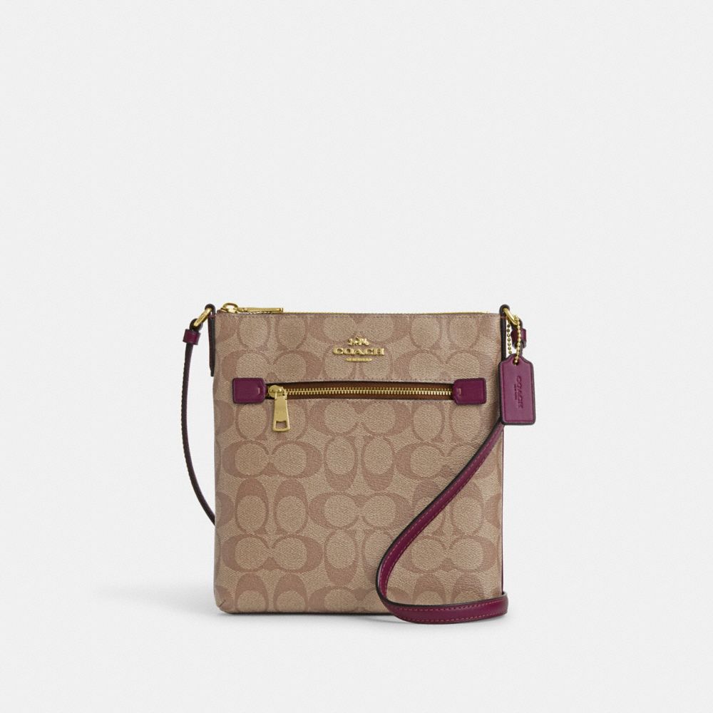 COACH CF340 Mini Rowan File Bag In Signature Canvas GOLD/KHAKI/DEEP BERRY