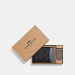 Boxed 3 In 1 Card Case Gift Set In Colorblock Signature Canvas - CF341 - Gunmetal/CHARCOAL/DENIM