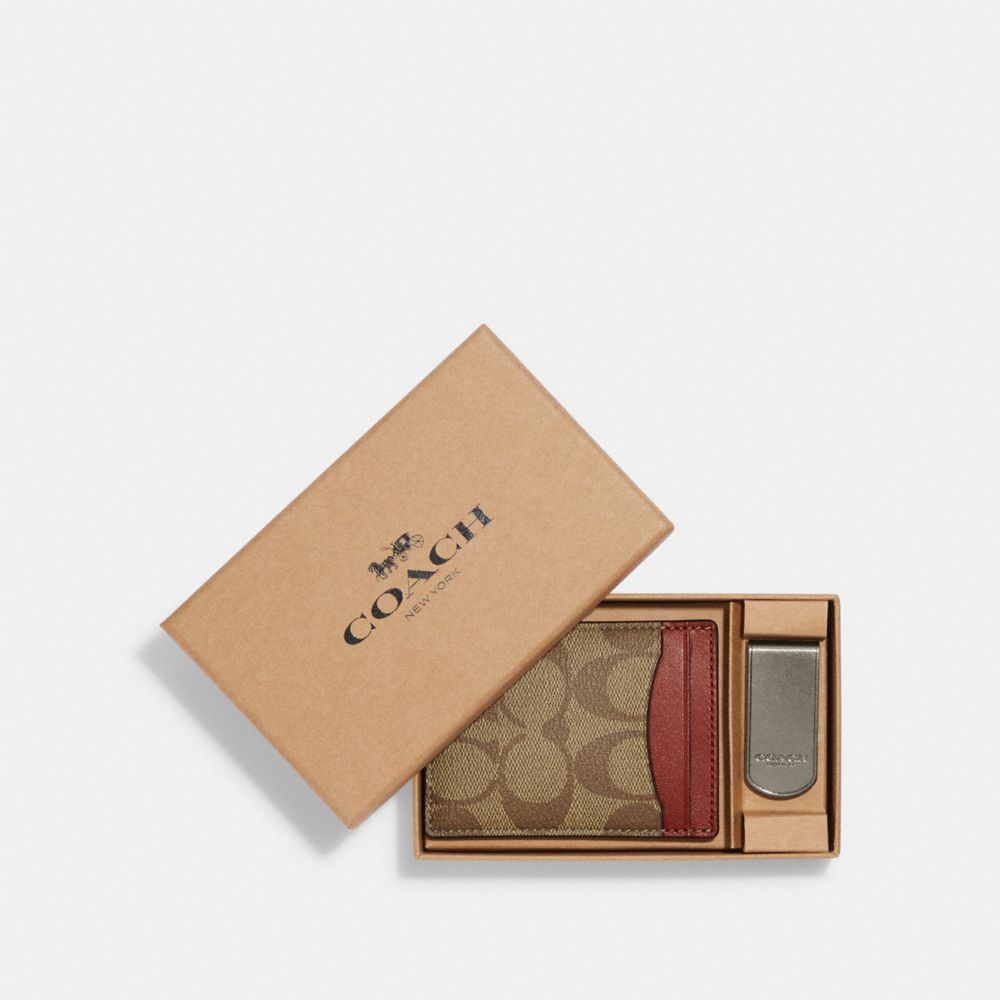 Boxed 3 In 1 Card Case Gift Set In Colorblock Signature Canvas - CF341 - QB/Khaki/Terracotta