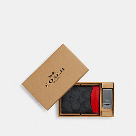 COACH CF341 Boxed 3 In 1 Card Case Gift Set In Colorblock Signature Canvas Black Antique Nickel/Charcoal/Bright Poppy