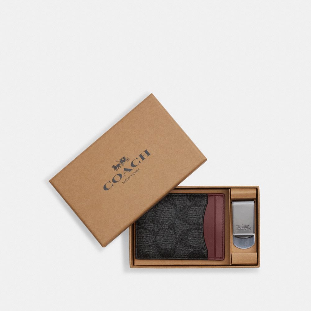 COACH CF341 Boxed 3 In 1 Card Case Gift Set In Colorblock Signature Canvas Black Antique Nickel/Charcoal/Wine