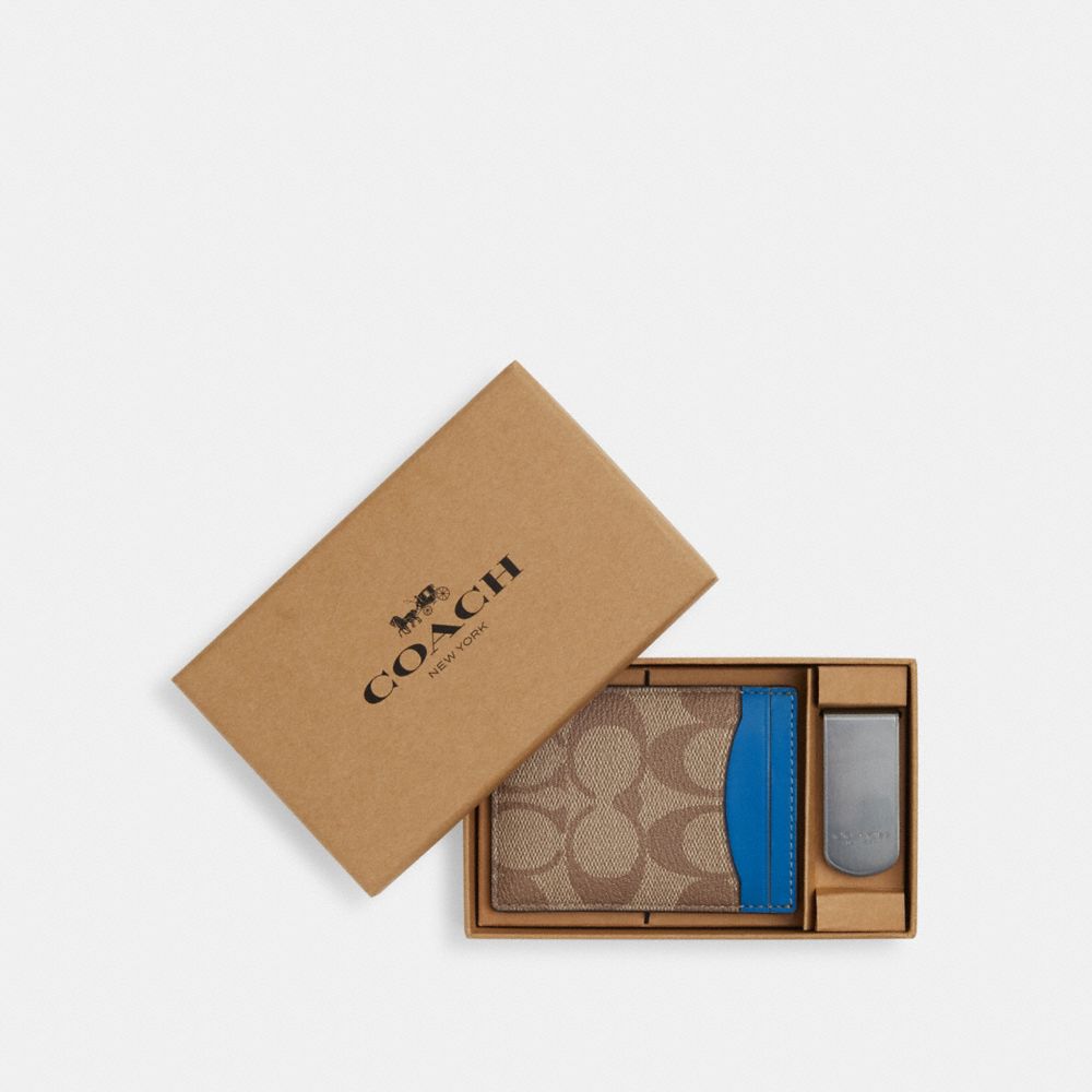 COACH CF341 Boxed 3 In 1 Card Case Gift Set In Colorblock Signature Canvas Black Antique Nickel/Khaki/Bright Blue