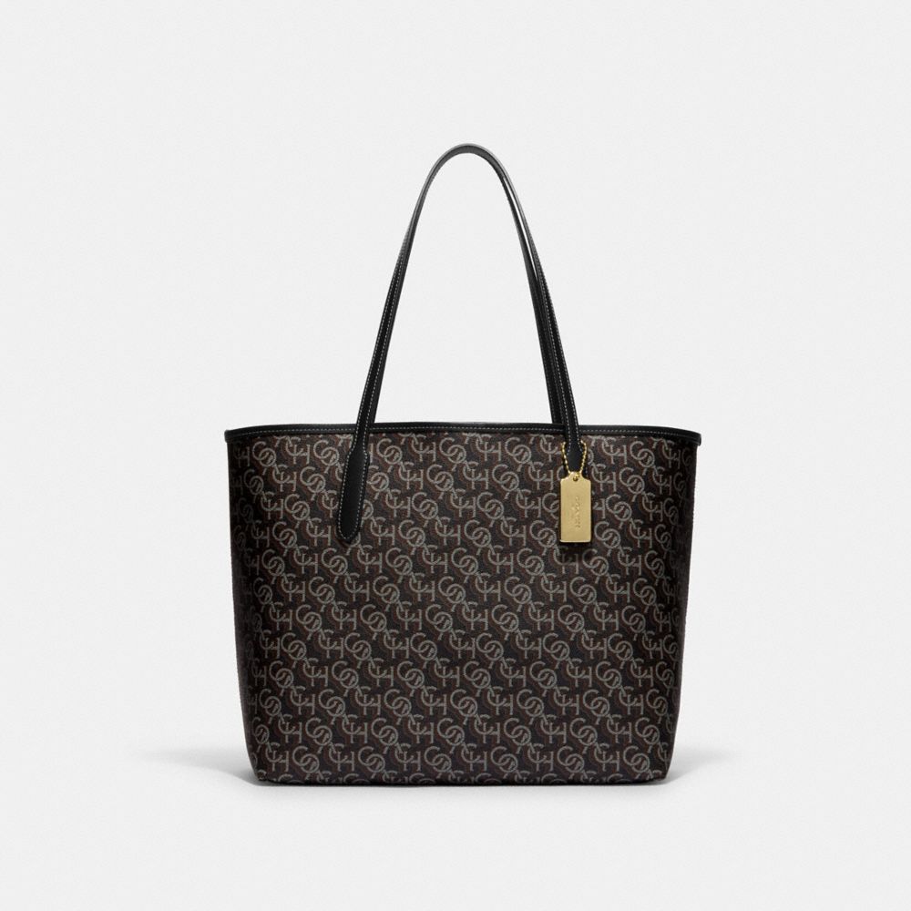 City Tote With Signature Monogram Print - CF342 - Gold/Black