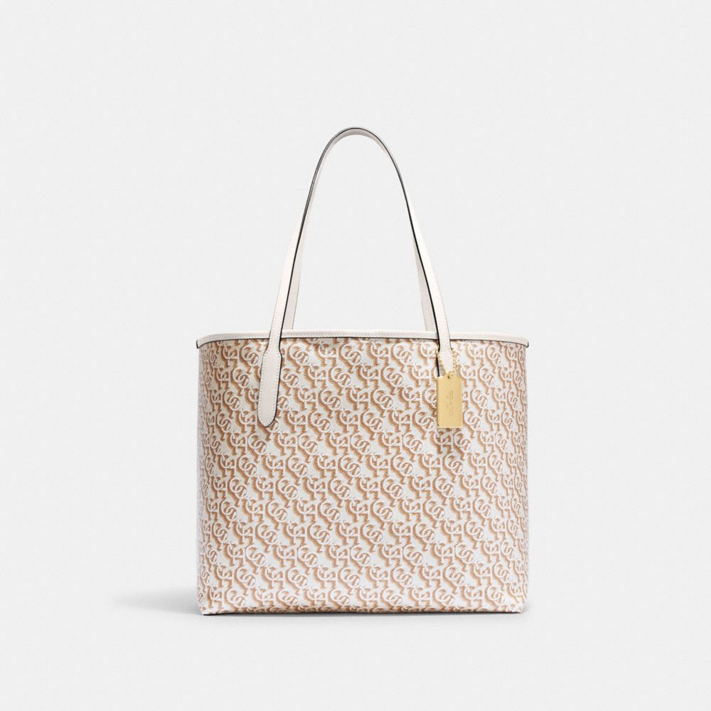 COACH CF342 City Tote With Signature Monogram Print GOLD/CHALK