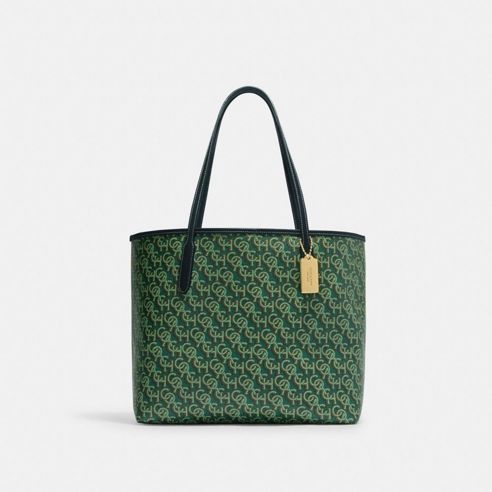COACH CF342 City Tote With Signature Monogram Print GOLD/GREEN