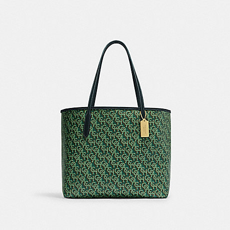 COACH CF342 City Tote With Signature Monogram Print Gold/Green