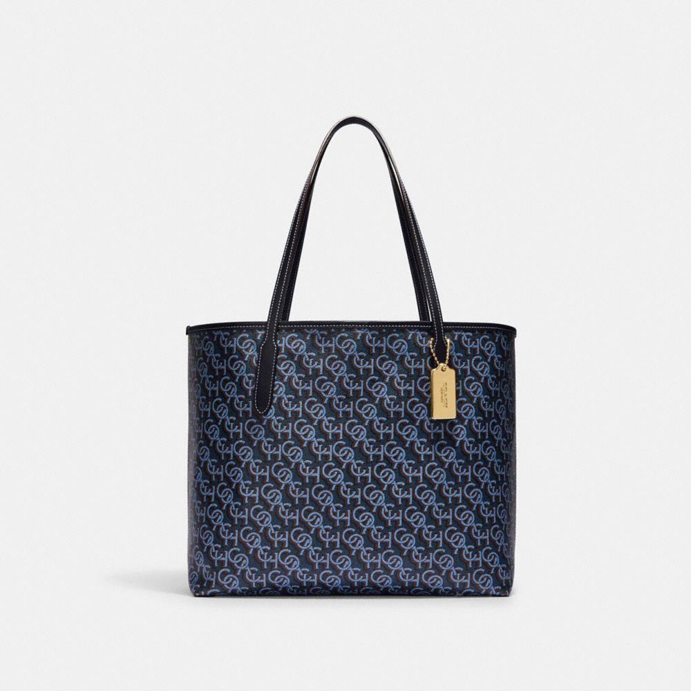 City Tote With Signature Monogram Print - CF342 - Gold/Navy