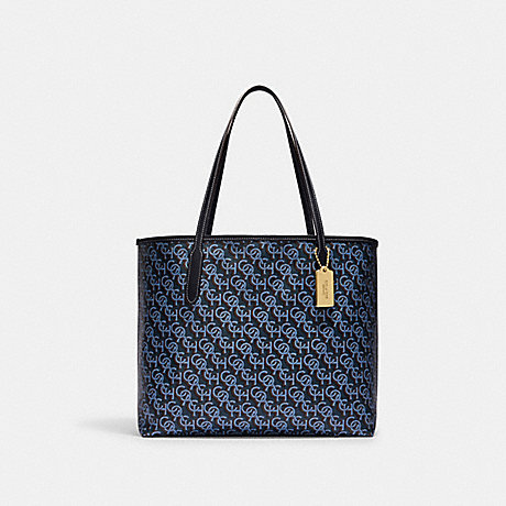 COACH CF342 City Tote With Signature Monogram Print Gold/Navy