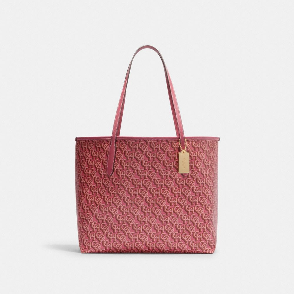 City Tote With Signature Monogram Print - CF342 - Gold/Rouge