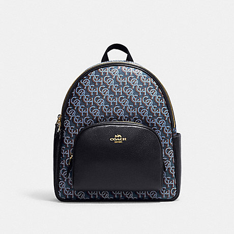 COACH CF344 Court Backpack With Coach Monogram Print Gold/Navy