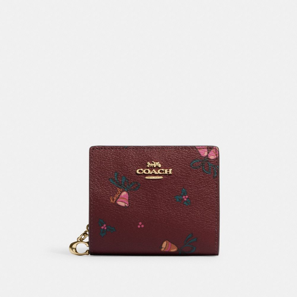 COACH CF351 Snap Wallet With Holiday Bells Print Gold/Black Cherry Multi